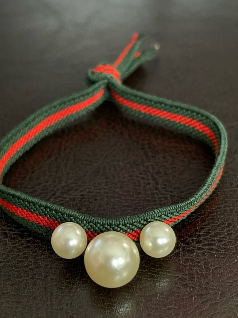 Green and Red Striped Bracelet with Pearl Accents